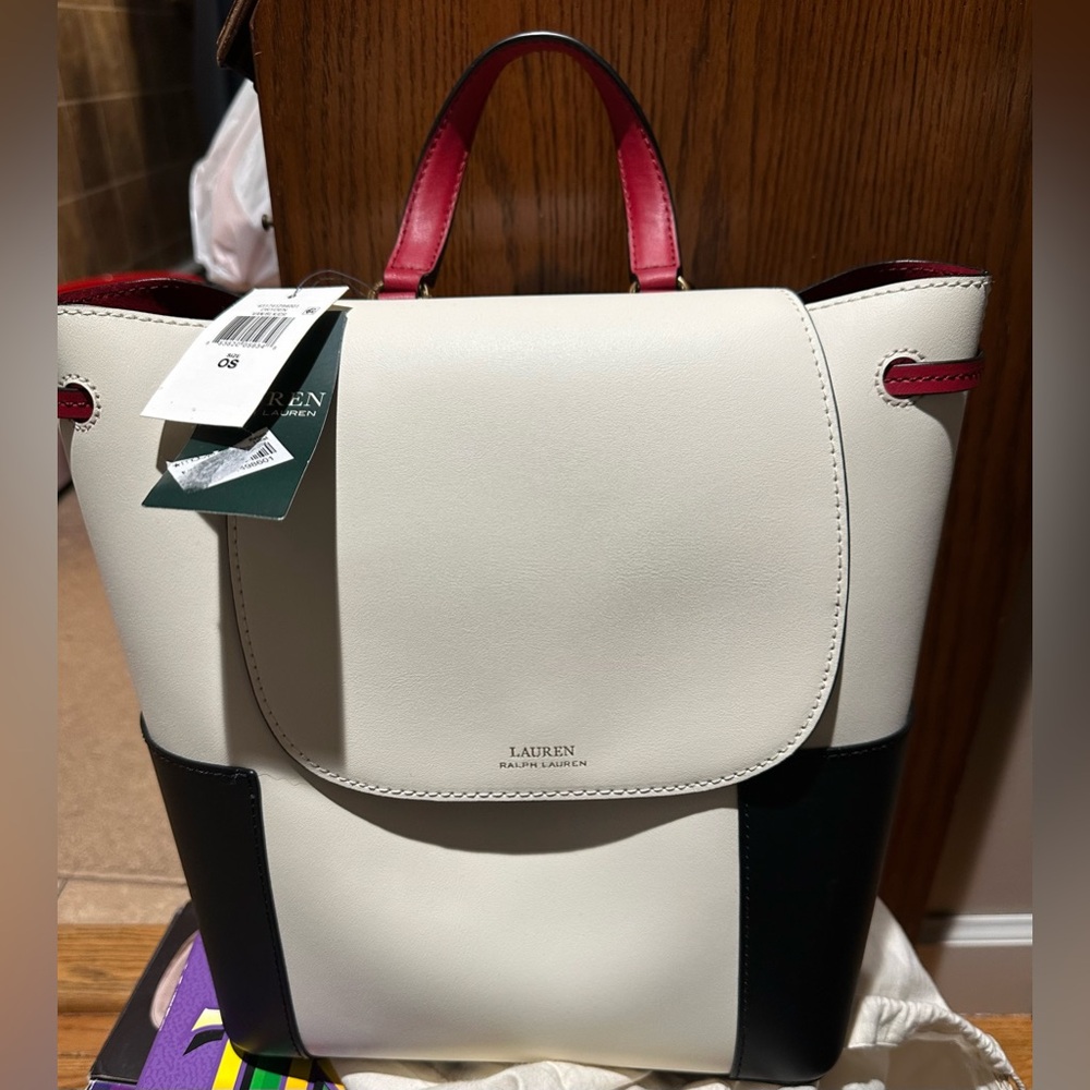 Lauren Ralph Lauren Cream and Black Backpack with Red Accents